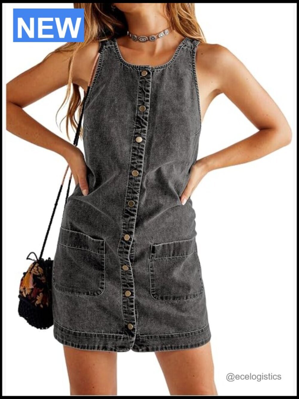 Sleeveless Denim Overall Dress Button Down Romper with Pockets